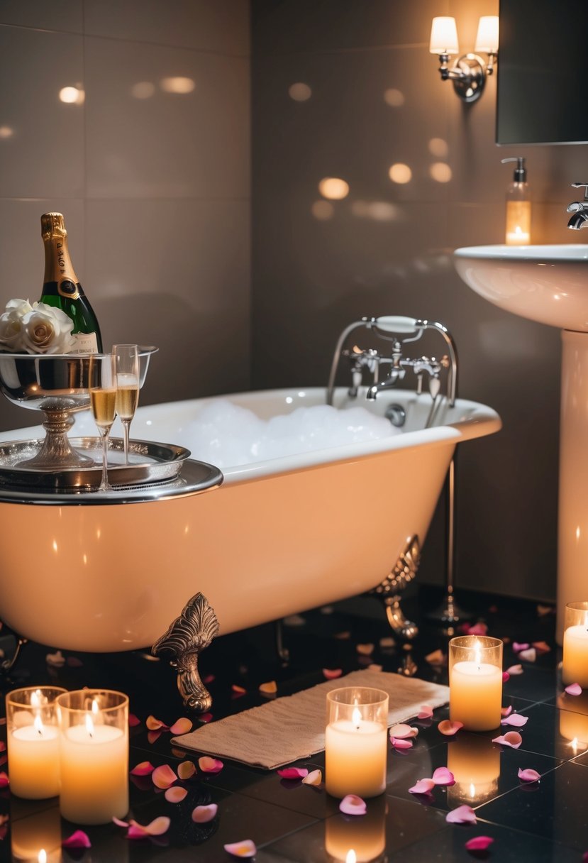 A luxurious bubble bath with champagne on a silver tray awaits in a dimly lit bathroom, surrounded by flickering candles and rose petals scattered on the floor