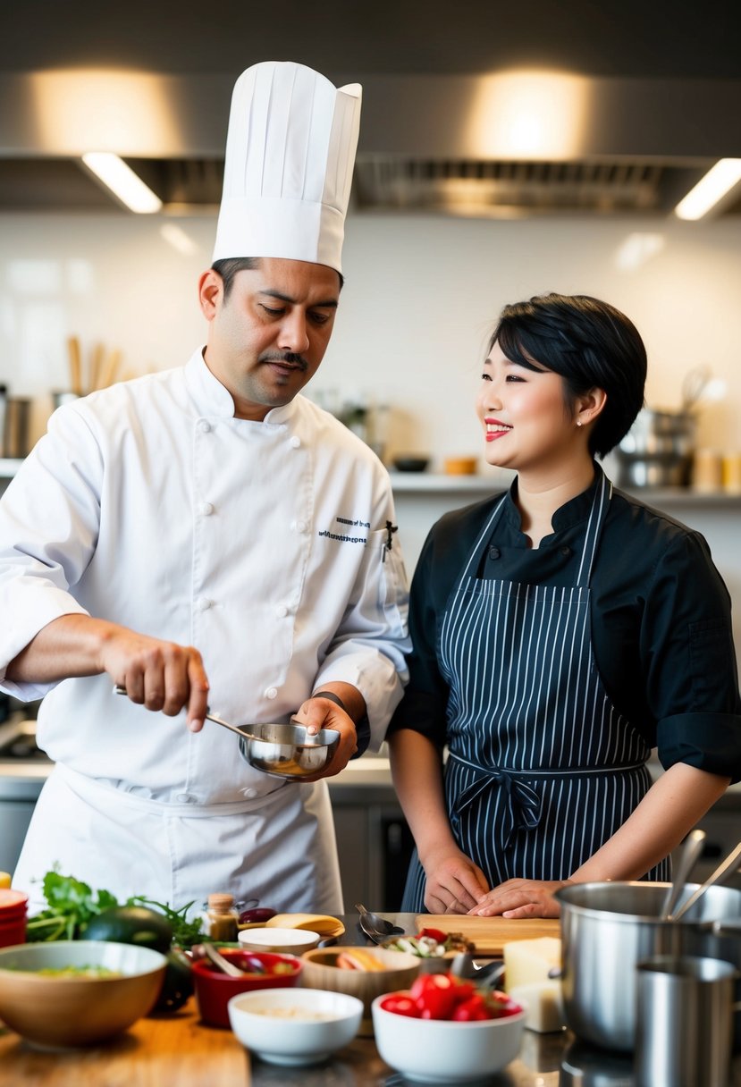 A chef and student stand side by side, surrounded by a variety of cooking ingredients and utensils. The chef demonstrates a technique while the student watches attentively