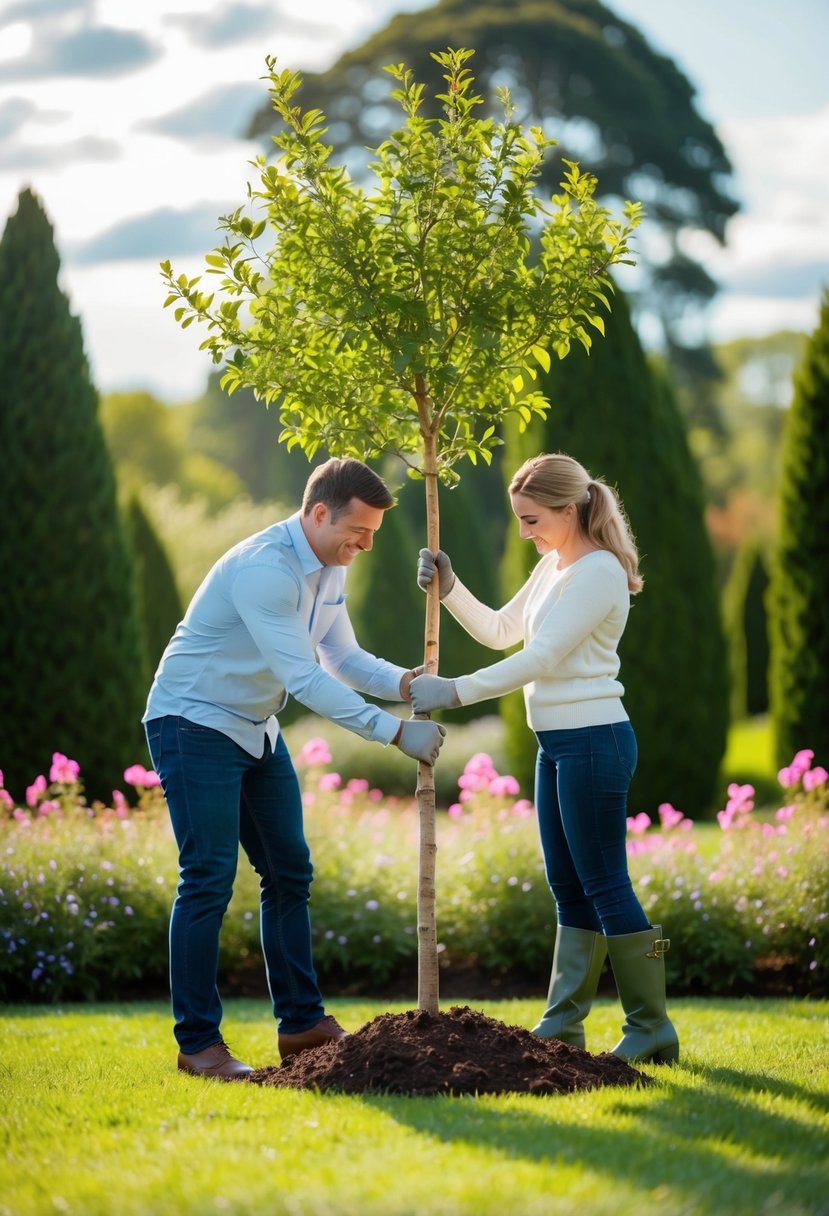 A couple planting a tree together in a beautiful garden