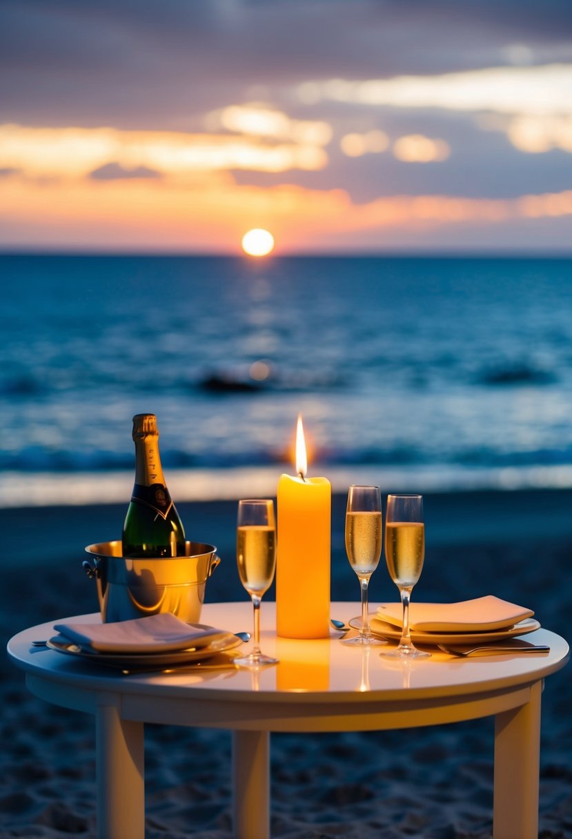 A candlelit dinner on a beach at sunset, with a table set for two and a bottle of champagne chilling in a bucket