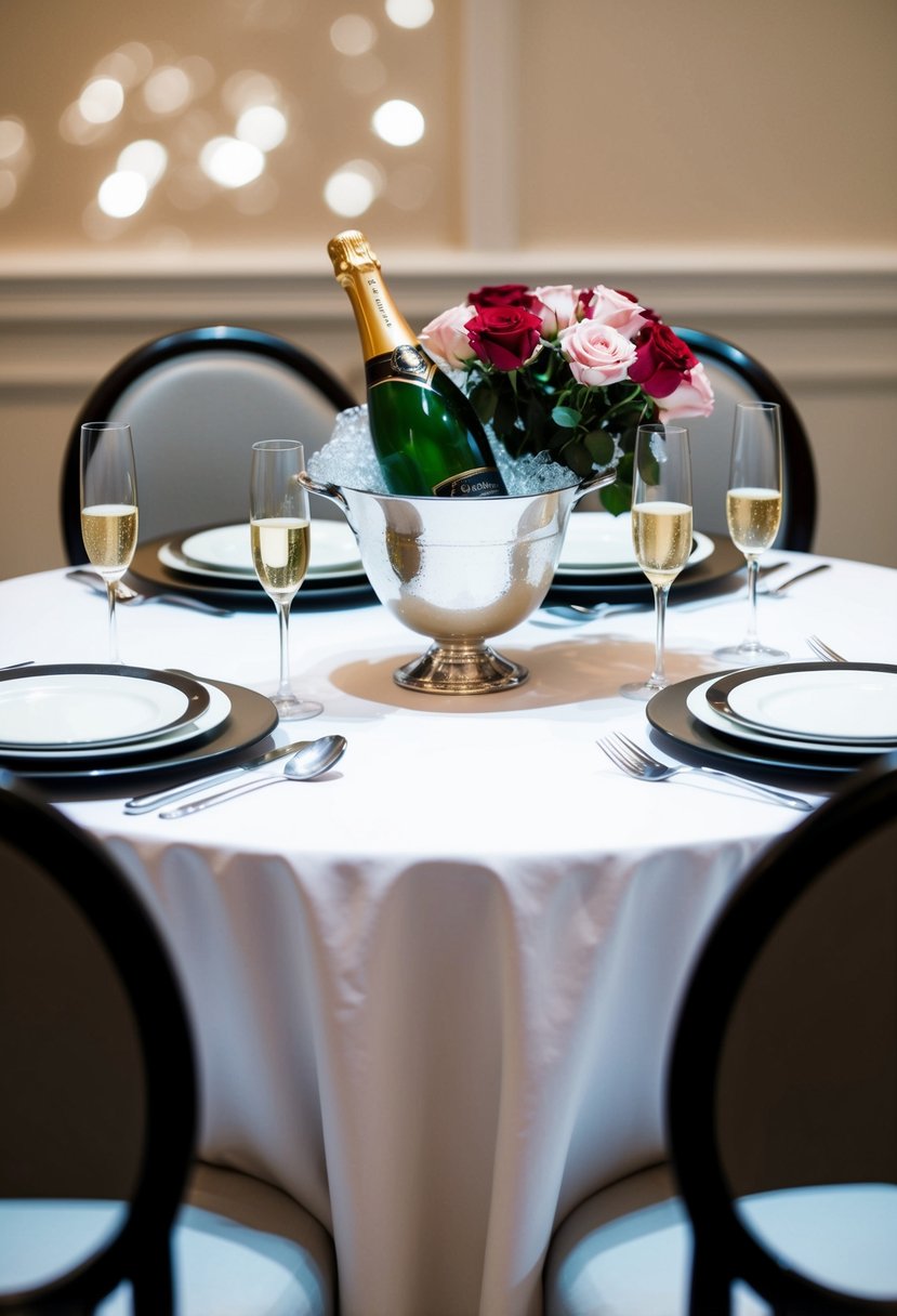 A table set with elegant dinnerware, a bottle of champagne in an ice bucket, and a bouquet of roses. Two empty chairs facing each other