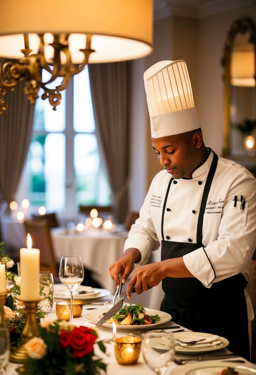 A private chef preparing an elegant anniversary dinner in a cozy, candlelit dining room