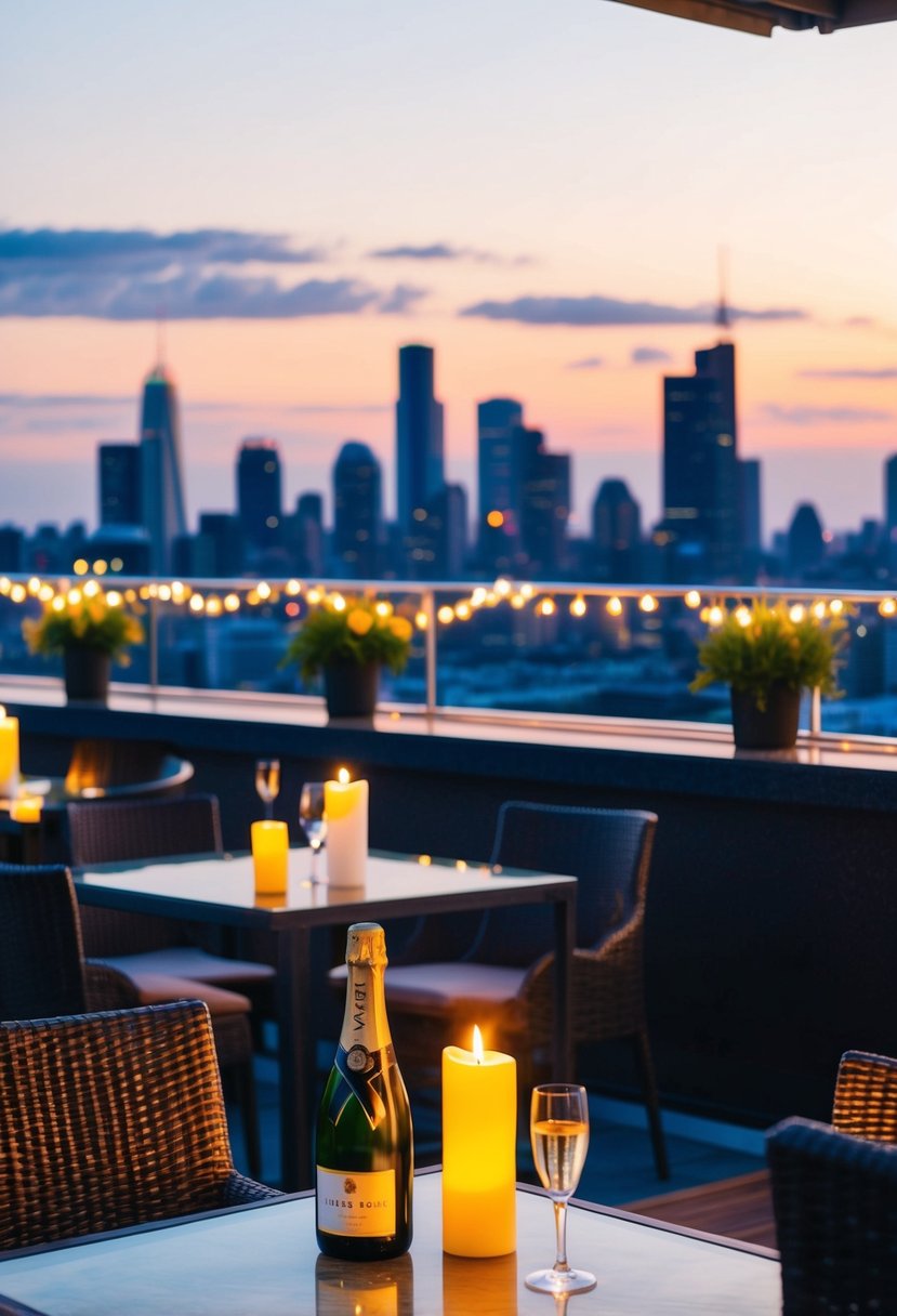 A rooftop bar at sunset, with twinkling lights and a view of the city skyline. A table set with candles and a bottle of champagne