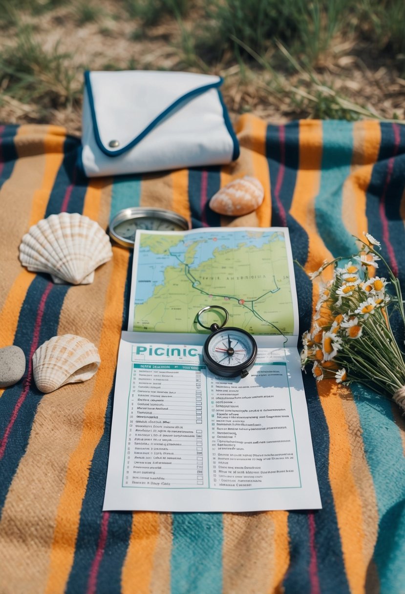 A picnic blanket laid out with a map, compass, and list of clues. Various items scattered around - a seashell, a heart-shaped rock, and a small bouquet of wildflowers