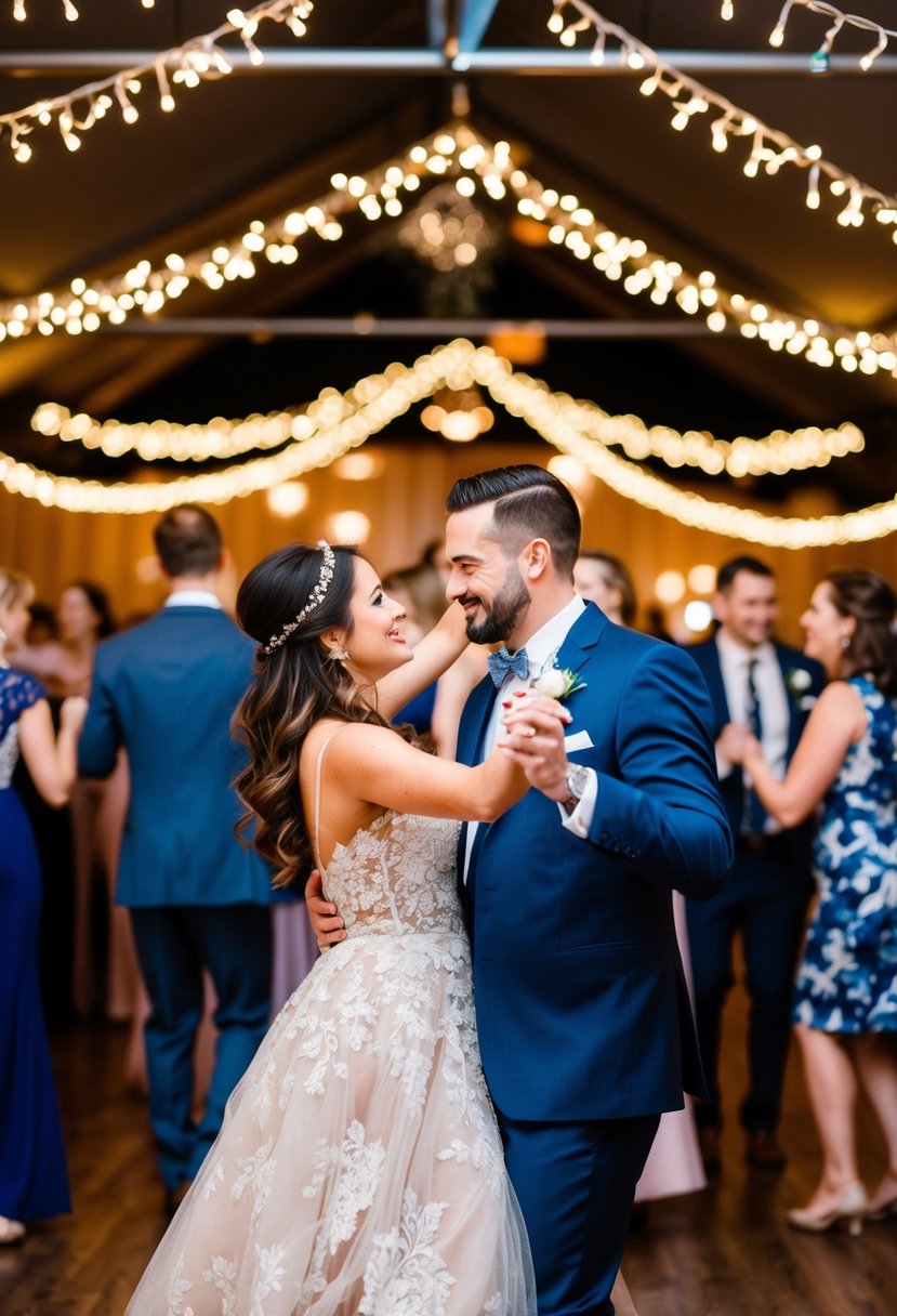 A festive scene with couples dancing under twinkling lights at a 33rd wedding anniversary theme party