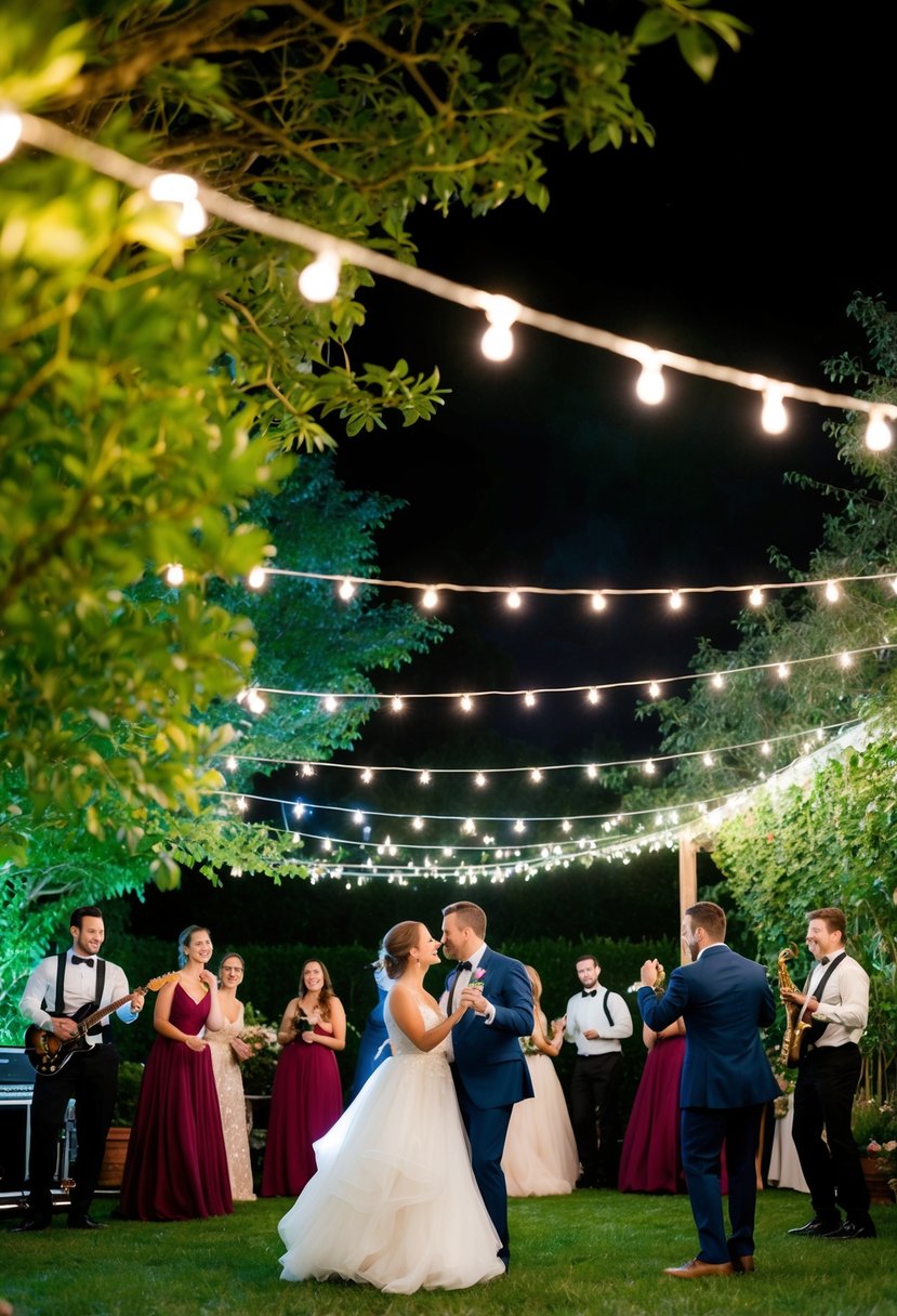 A romantic garden setting with fairy lights, a live band, and couples dancing under the stars