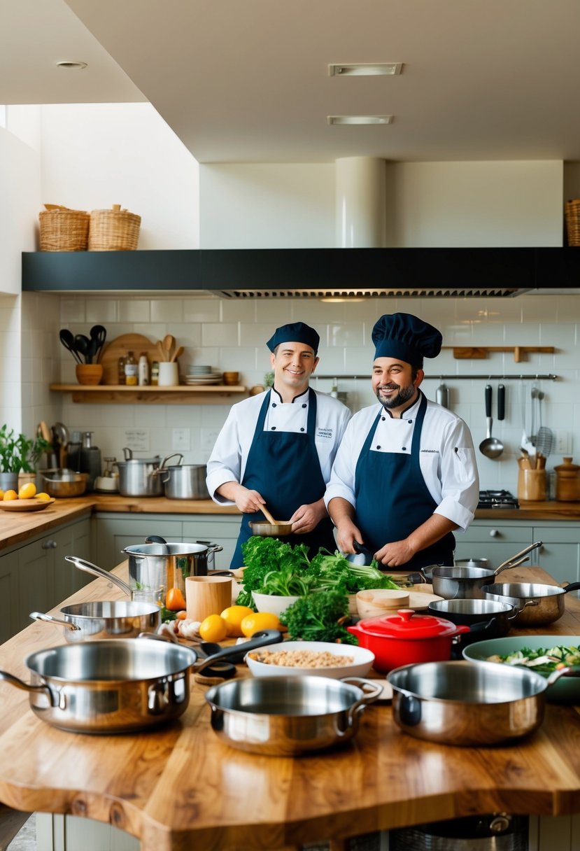 A cozy kitchen with two chefs, surrounded by pots, pans, and utensils. A large wooden table holds various ingredients and cooking tools