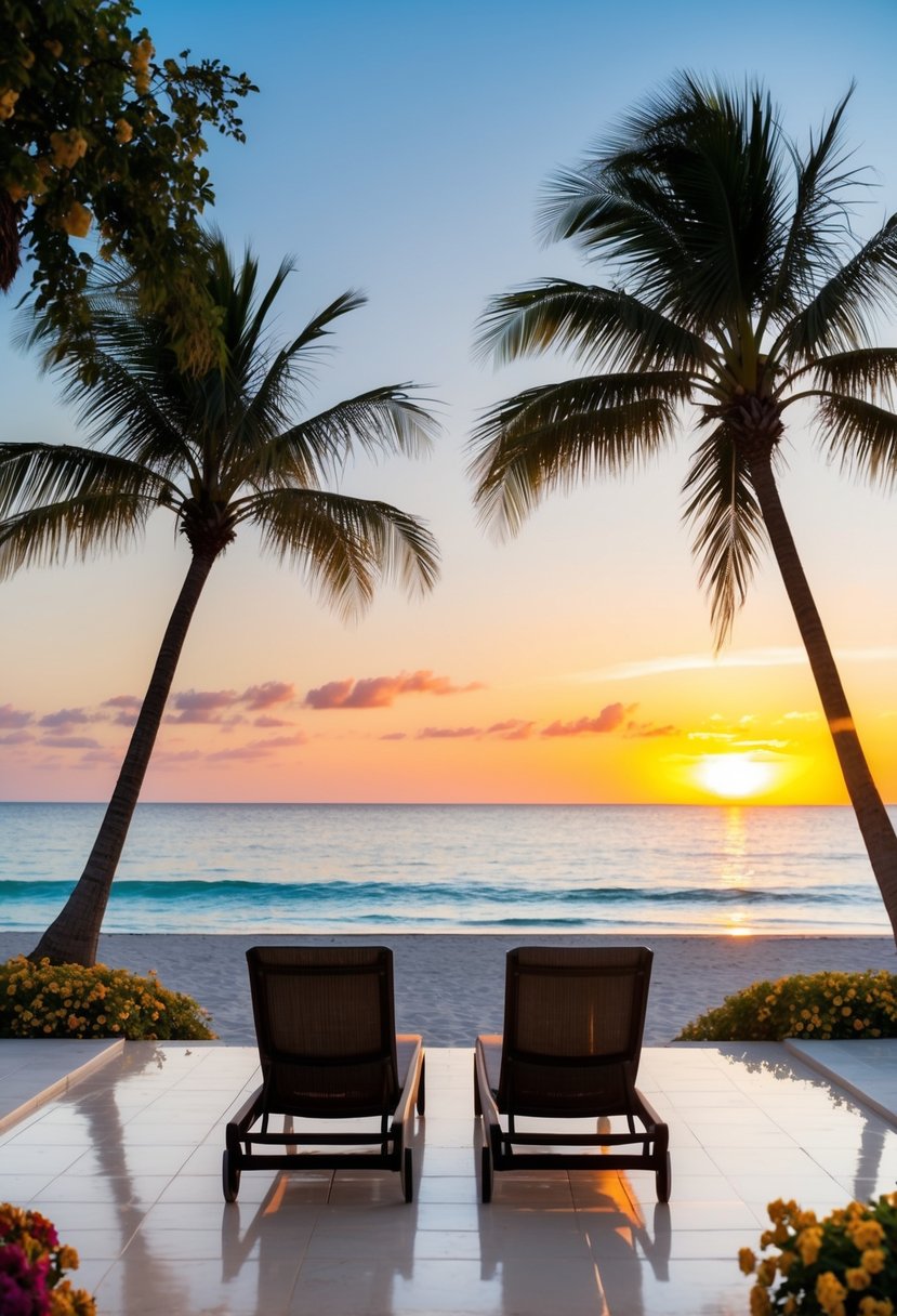 A serene beach at sunset, with palm trees and colorful flowers, a crystal-clear ocean, and a couple of lounging chairs facing the water