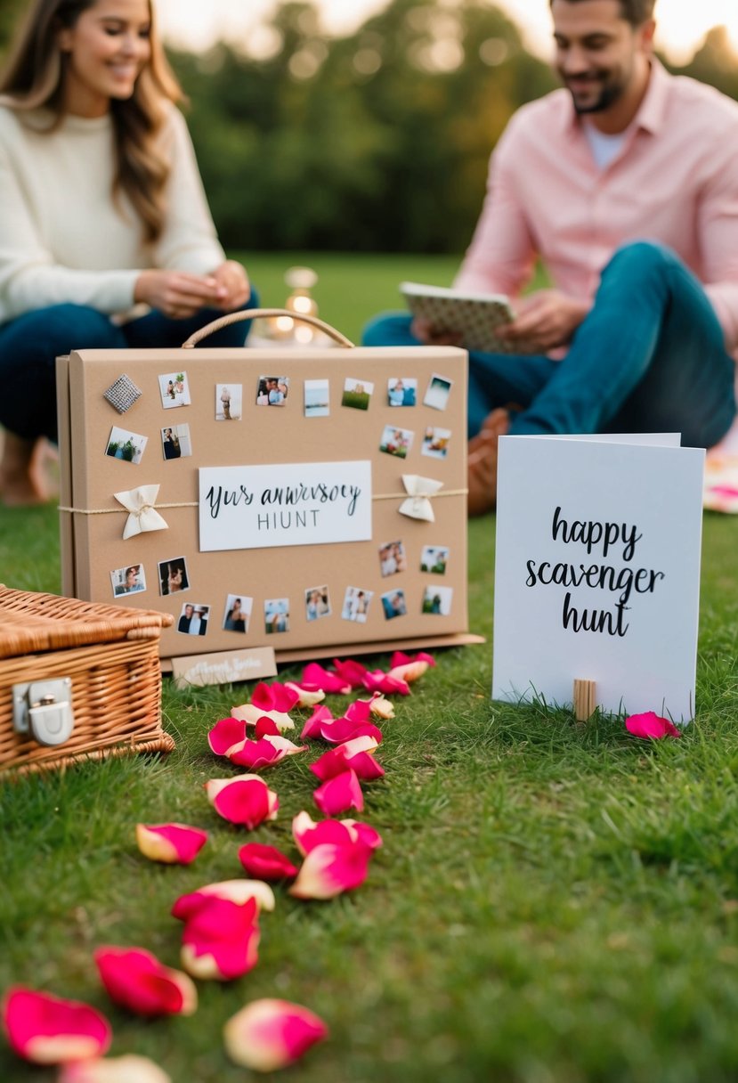 A couple's scavenger hunt: A trail of rose petals leads to a picnic with a handmade anniversary card and a DIY photo album