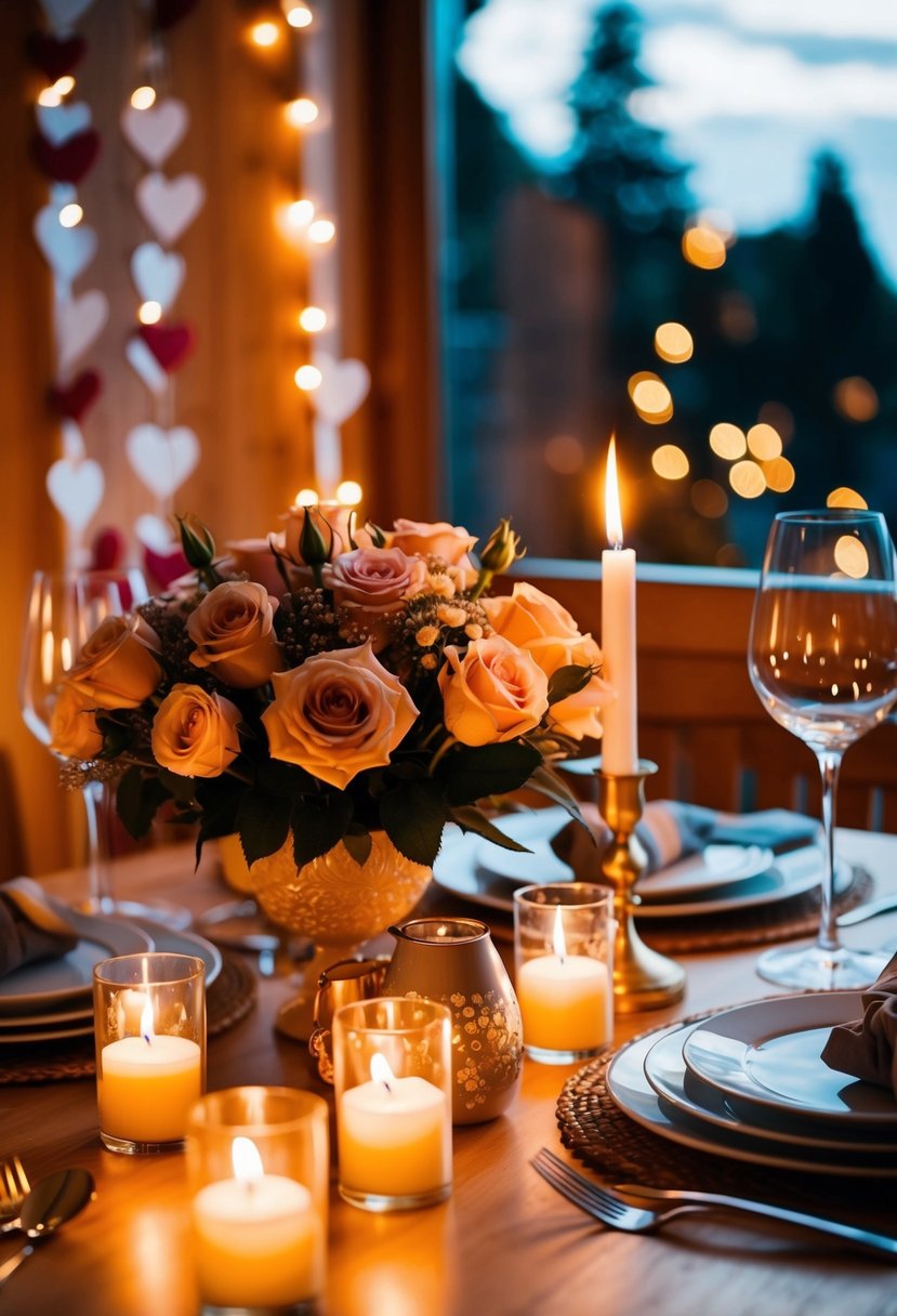 A cozy dinner for two by candlelight, surrounded by romantic decorations and a bouquet of roses