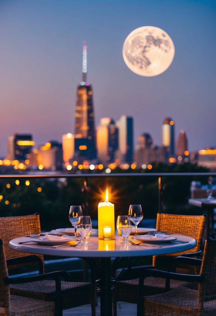 A candlelit dinner at an outdoor cafe, with a view of the city skyline and a full moon overhead