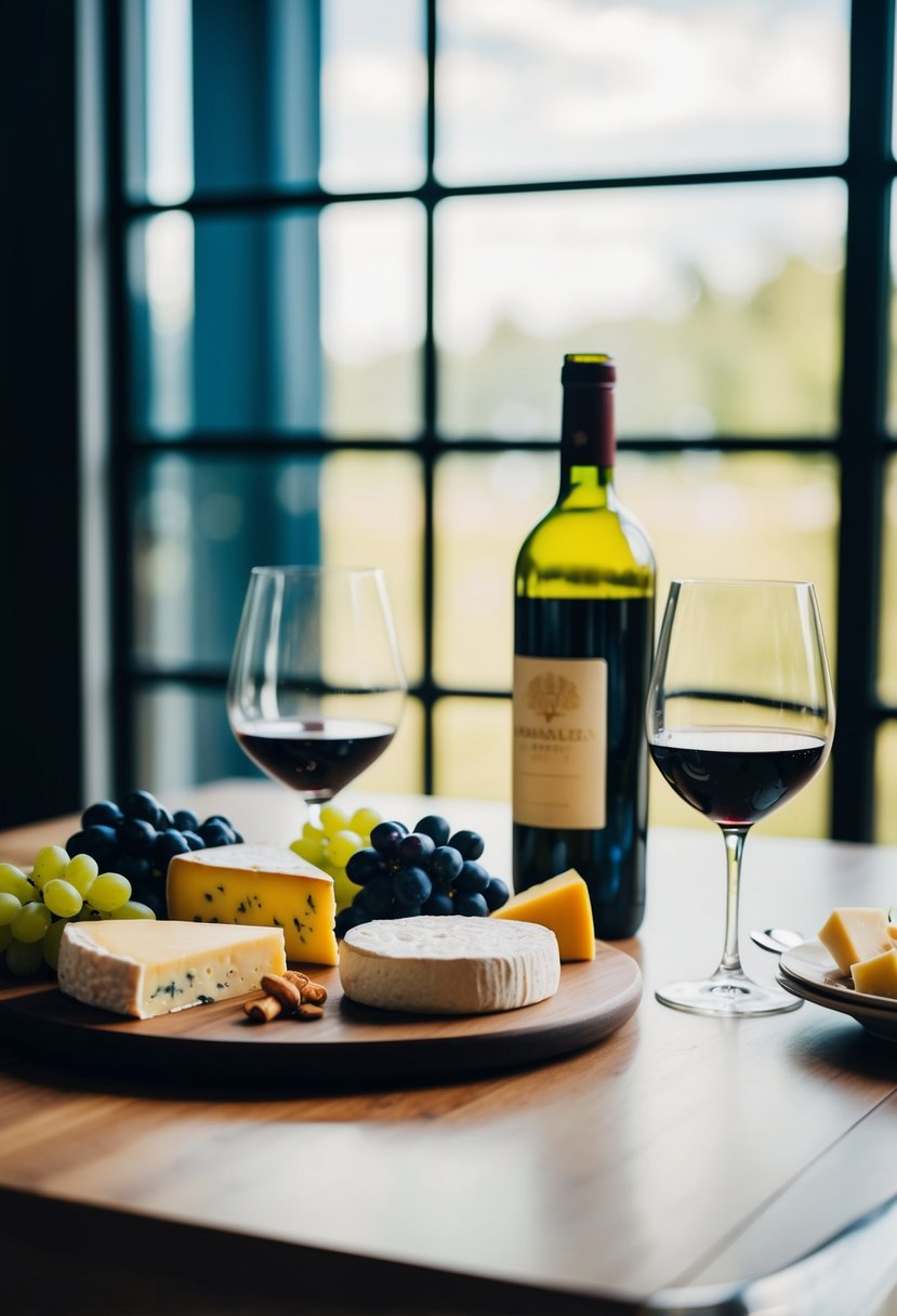 A table set with a variety of cheeses, grapes, and a bottle of wine with two glasses