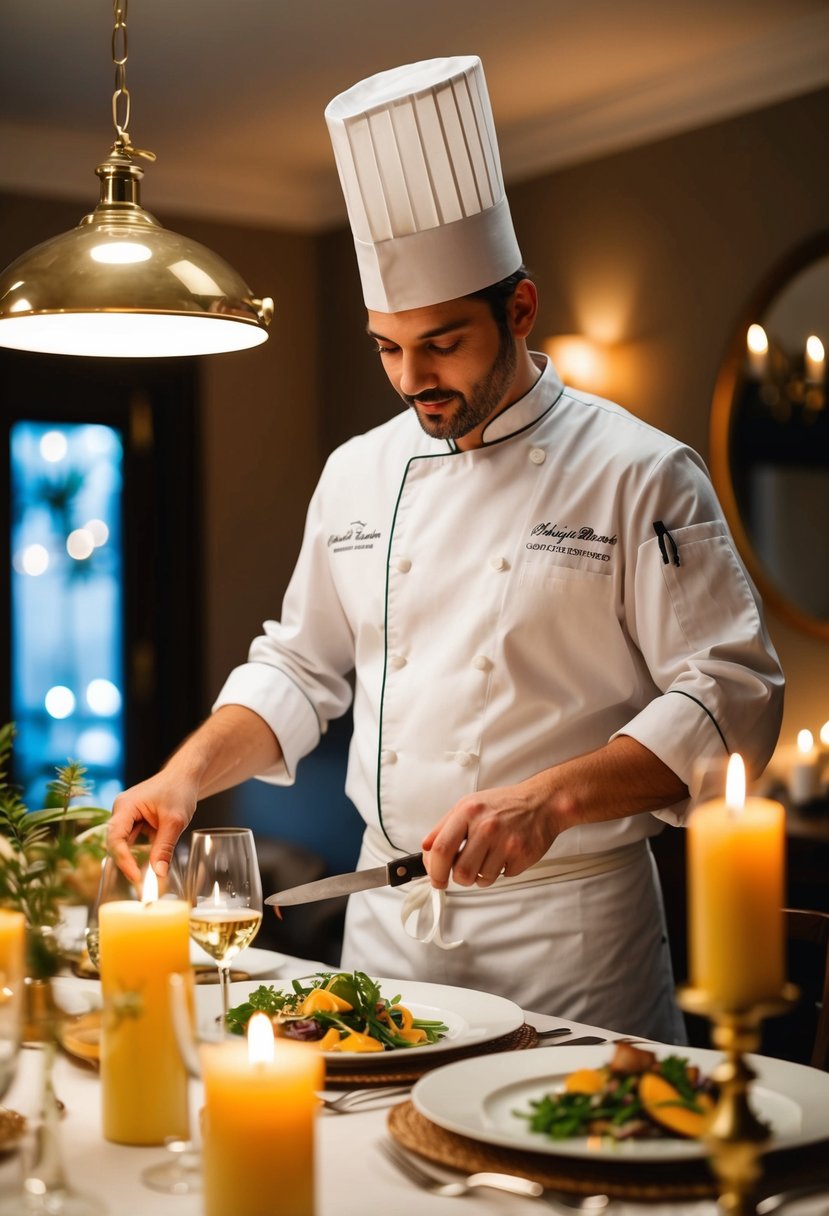 A private chef preparing an elegant anniversary dinner in a cozy, candlelit dining room