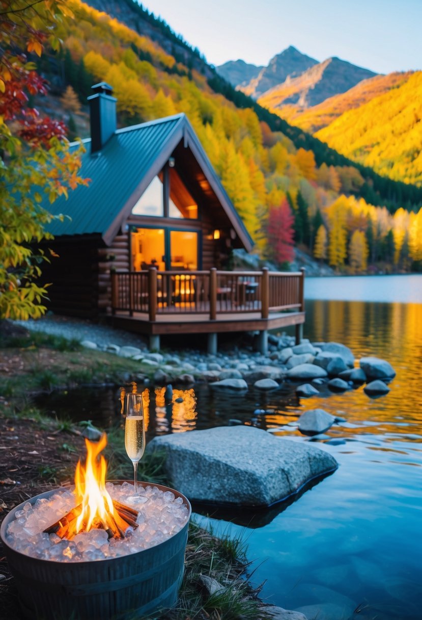 A cozy cabin nestled in the mountains, surrounded by colorful autumn foliage and a tranquil lake, with a crackling fire and champagne on ice