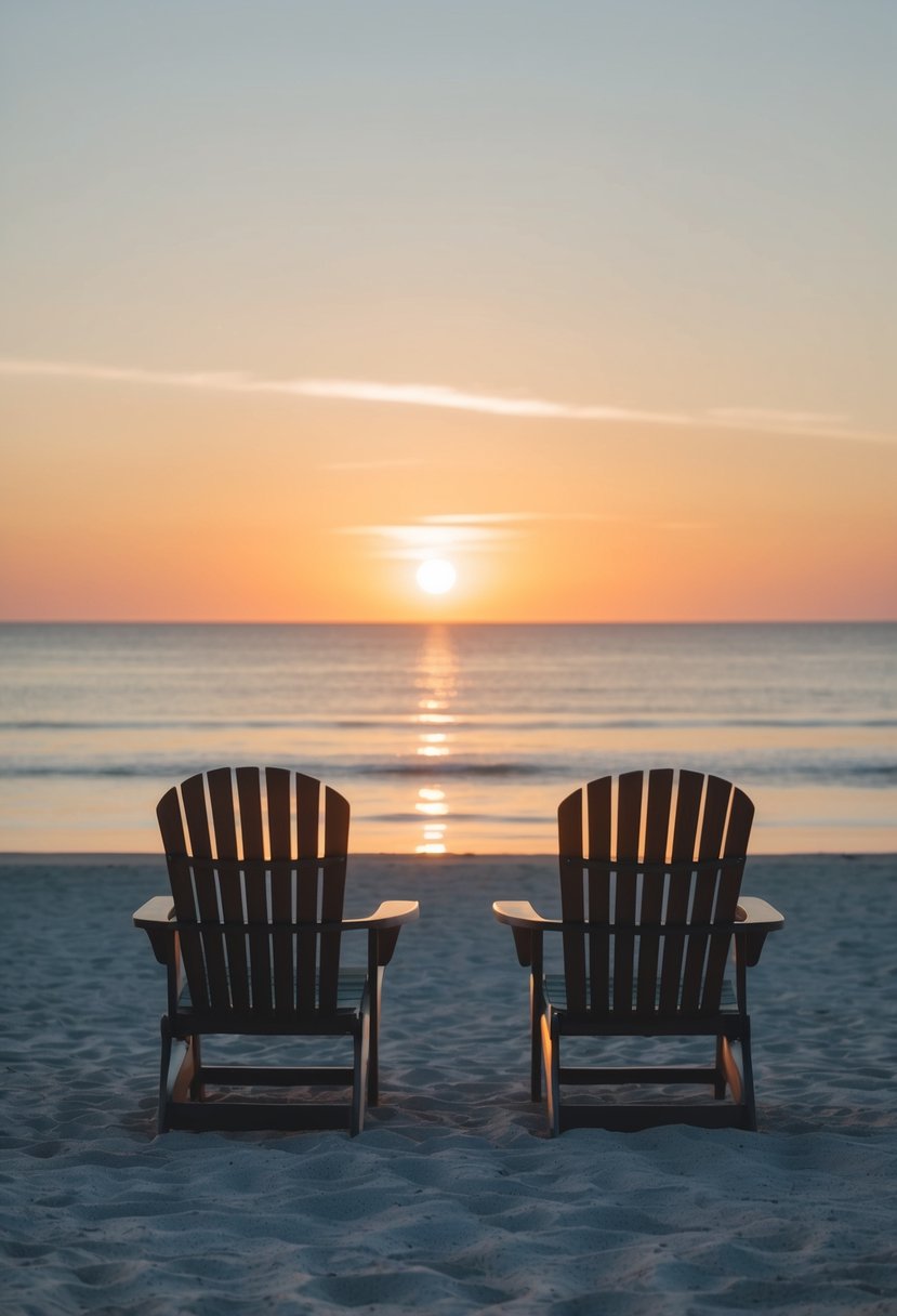 A serene beach with two chairs facing the horizon as the sun rises, casting a warm glow over the calm ocean