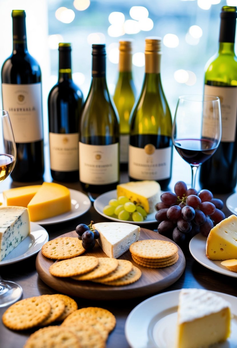 A table set with a variety of cheeses, crackers, and grapes, accompanied by a selection of wine bottles and glasses