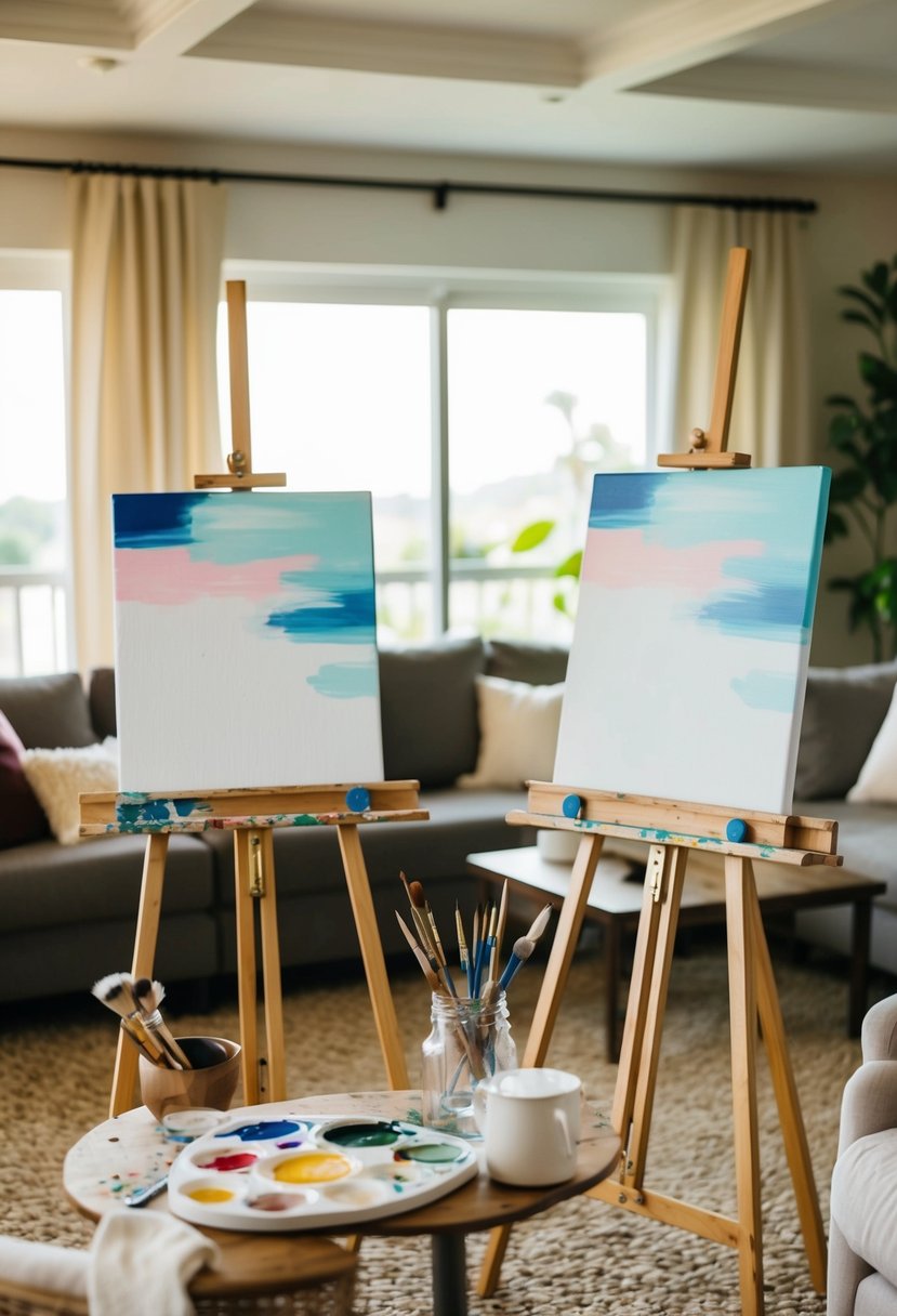 A cozy living room with two easels set up, paint palettes, and canvases ready for a romantic painting party