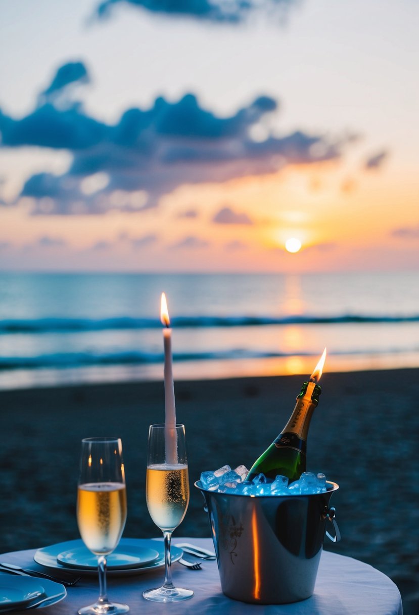 A candlelit dinner on a beach at sunset, with a table set for two and a bottle of champagne chilling in a bucket of ice