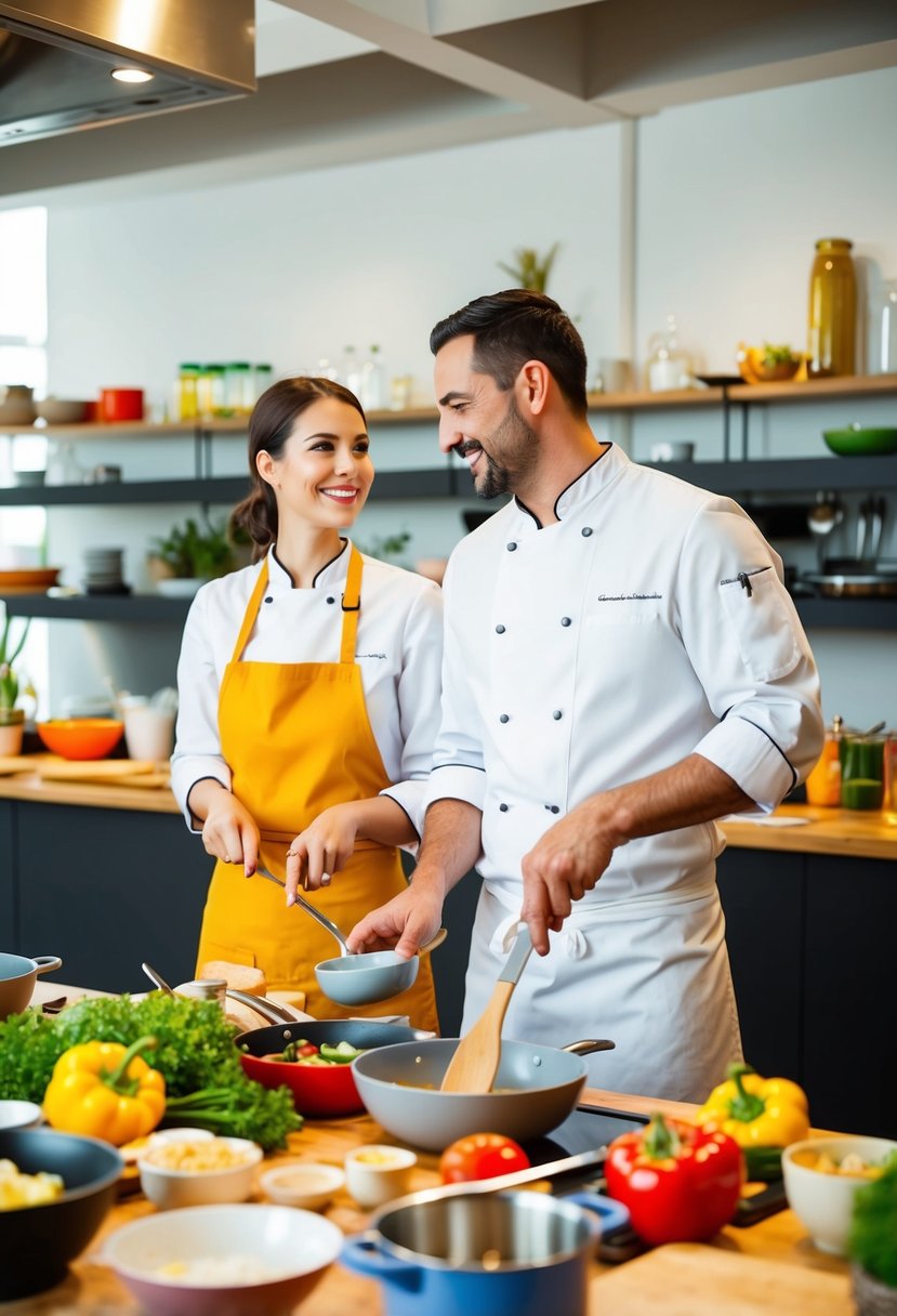 A couple stands side by side at a cooking class, surrounded by colorful ingredients and utensils. The chef demonstrates a recipe as they eagerly follow along