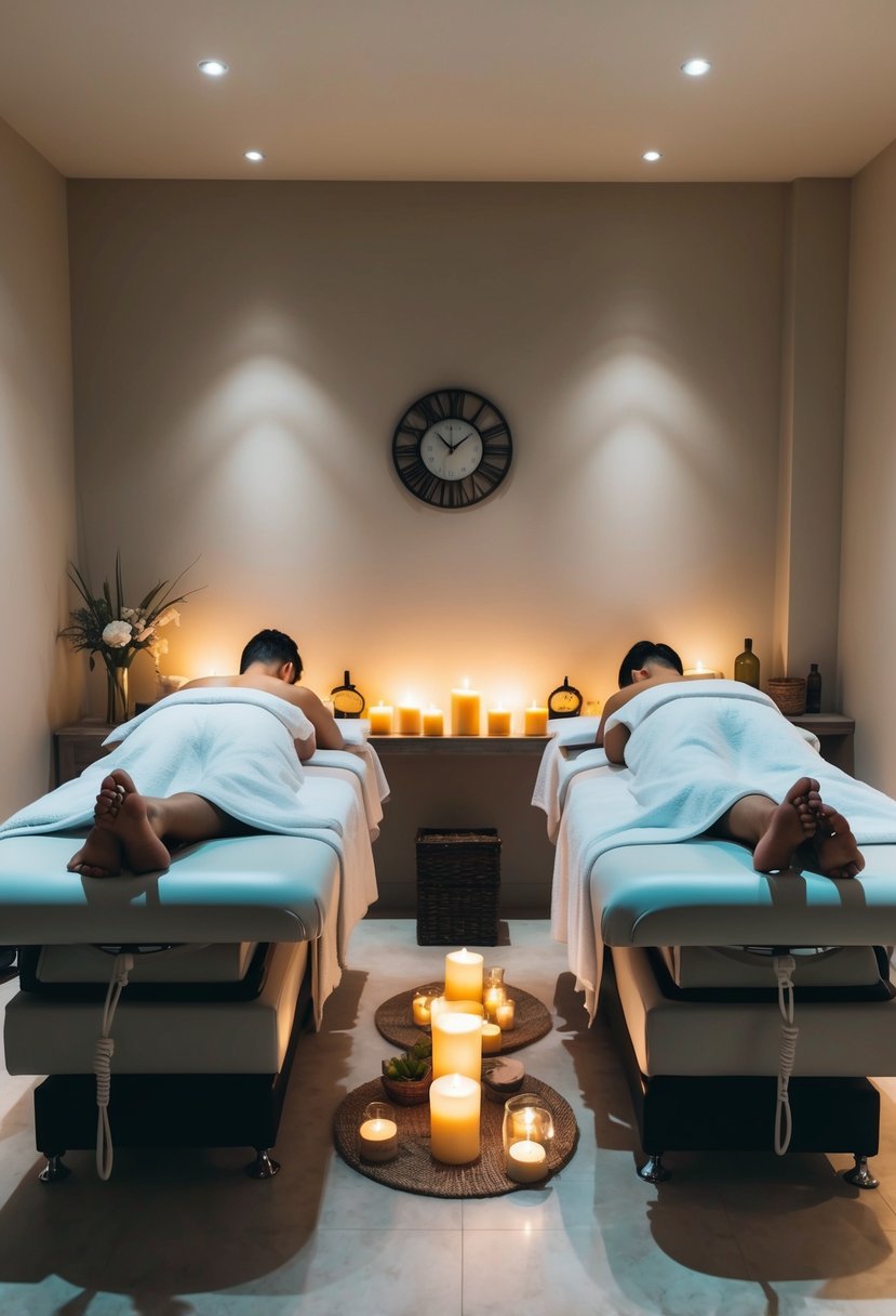 A tranquil spa room with two massage tables, soft lighting, and relaxing music. A couple enjoys side-by-side massages, surrounded by candles and aromatic oils