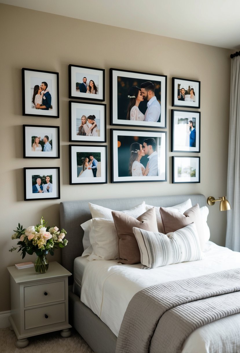 A cozy bedroom with a gallery wall of framed couple photos, soft lighting, and a vase of fresh flowers on the nightstand