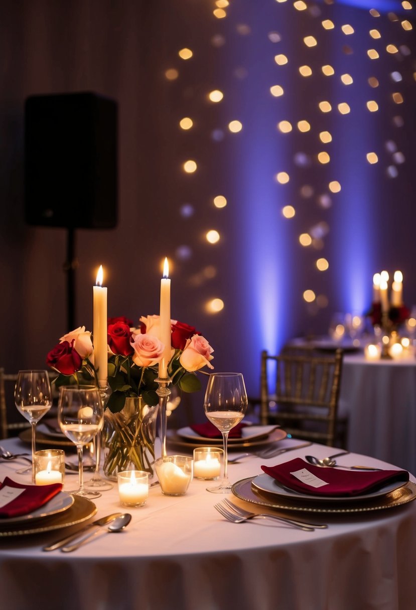 A candlelit table with roses, wine, and elegant dinnerware, set against a backdrop of soft music and dim lighting