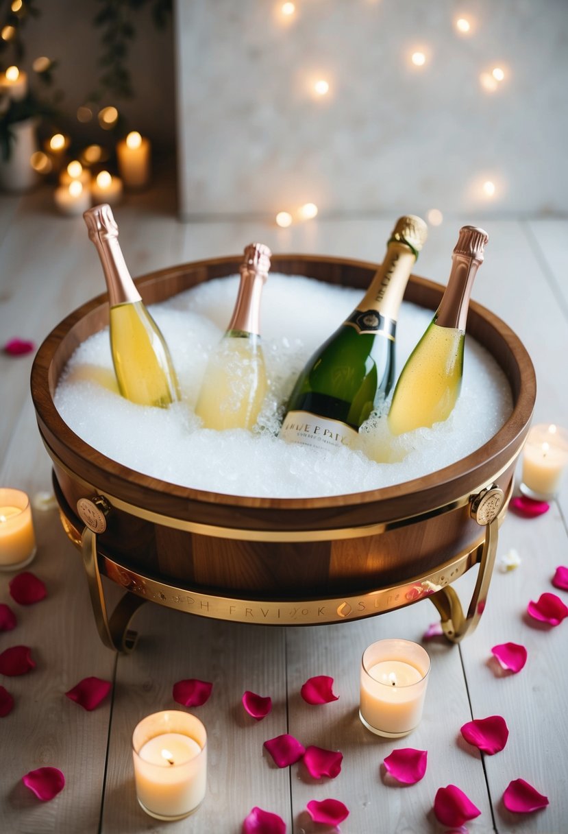 A luxurious bubble bath with champagne on a wooden tray surrounded by rose petals and candles