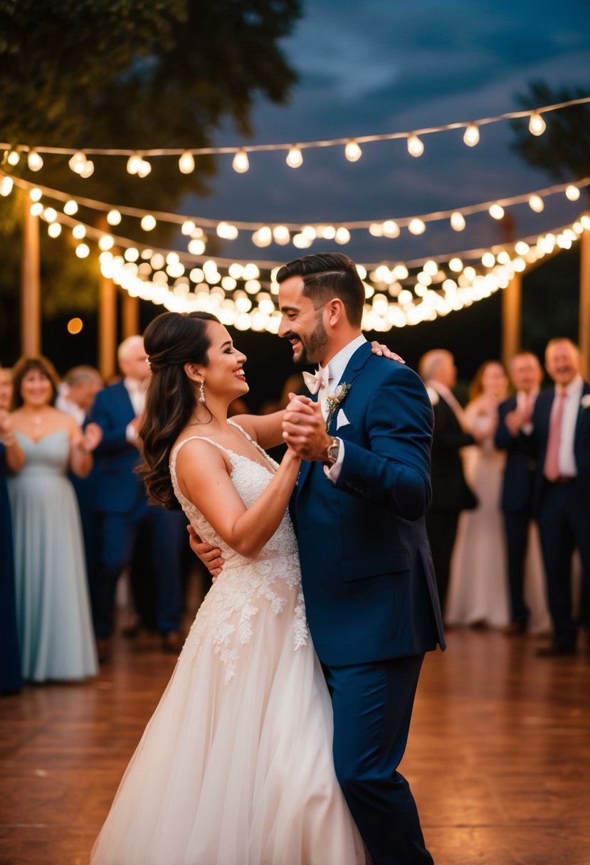 A couple salsa dancing under romantic string lights at their 17th wedding anniversary celebration