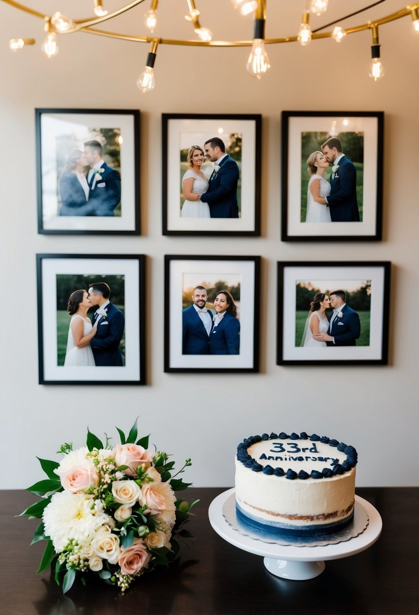 A room with framed couple photos on the walls, a bouquet of flowers, and a cake with "33rd Anniversary" written on it