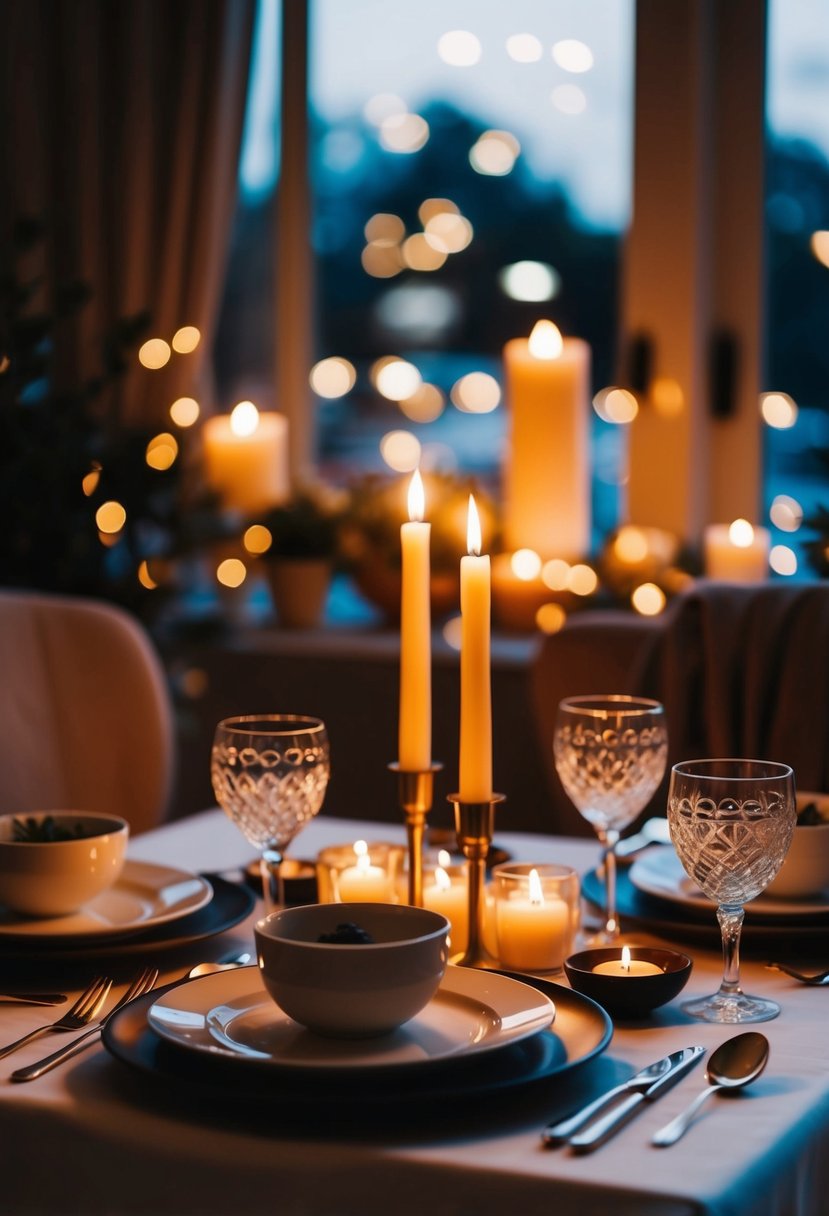 A candlelit dinner with a table set for two, surrounded by soft music and a cozy ambiance