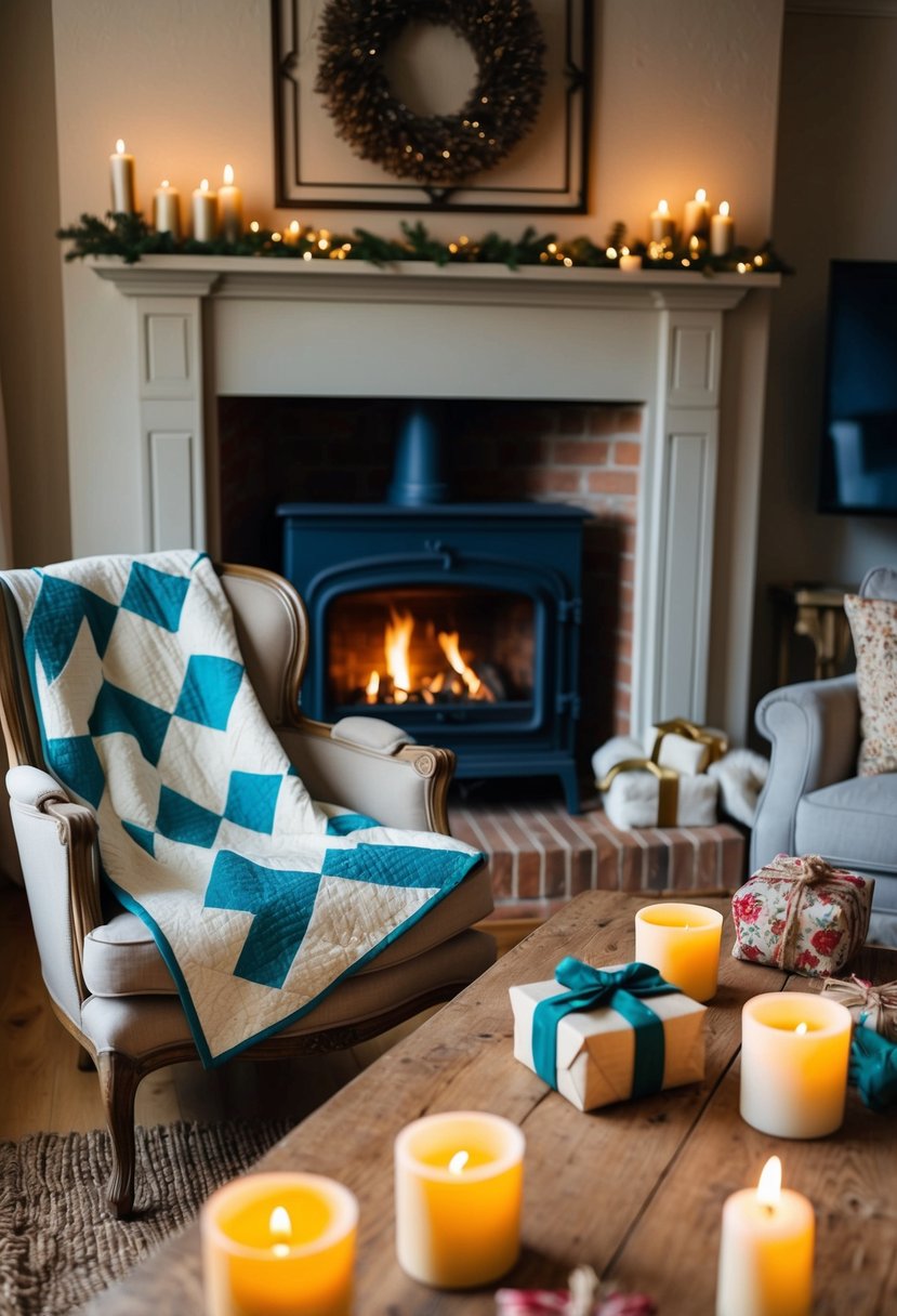 A cozy living room with a crackling fireplace, a handmade quilt draped over a vintage armchair, and a rustic wooden table set with homemade gifts and candles