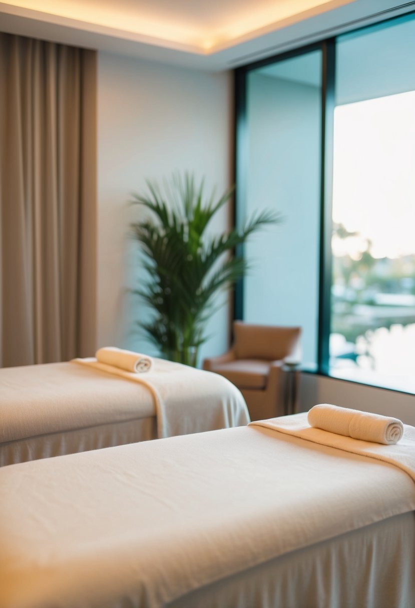 A serene spa room with two massage tables, soft lighting, and a tranquil atmosphere