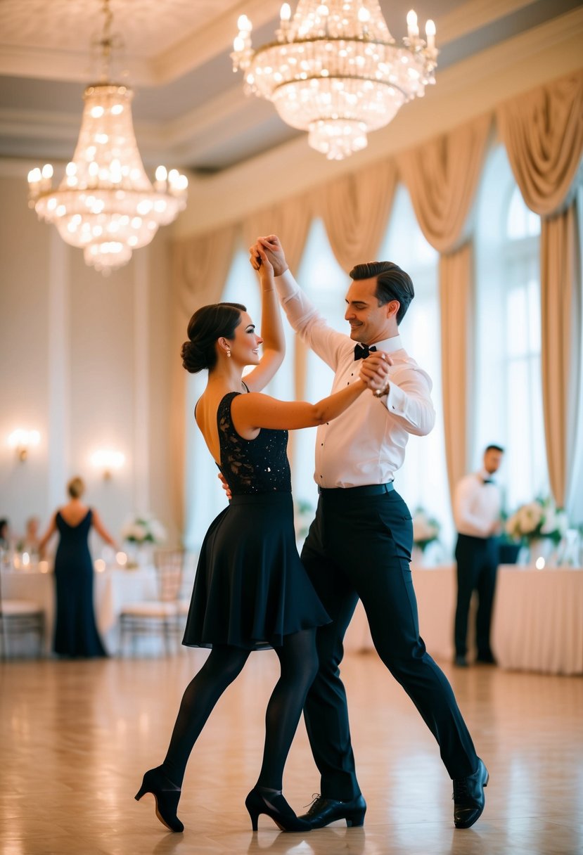 A couple gracefully learning a new dance style in a sunlit ballroom, surrounded by elegant decorations and a romantic atmosphere