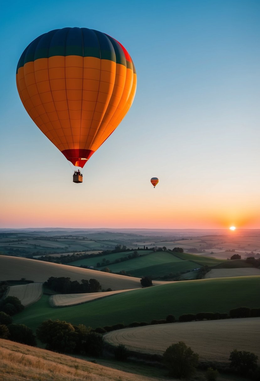 A colorful hot air balloon floats above rolling hills and a serene countryside, with a clear blue sky and the sun setting in the distance