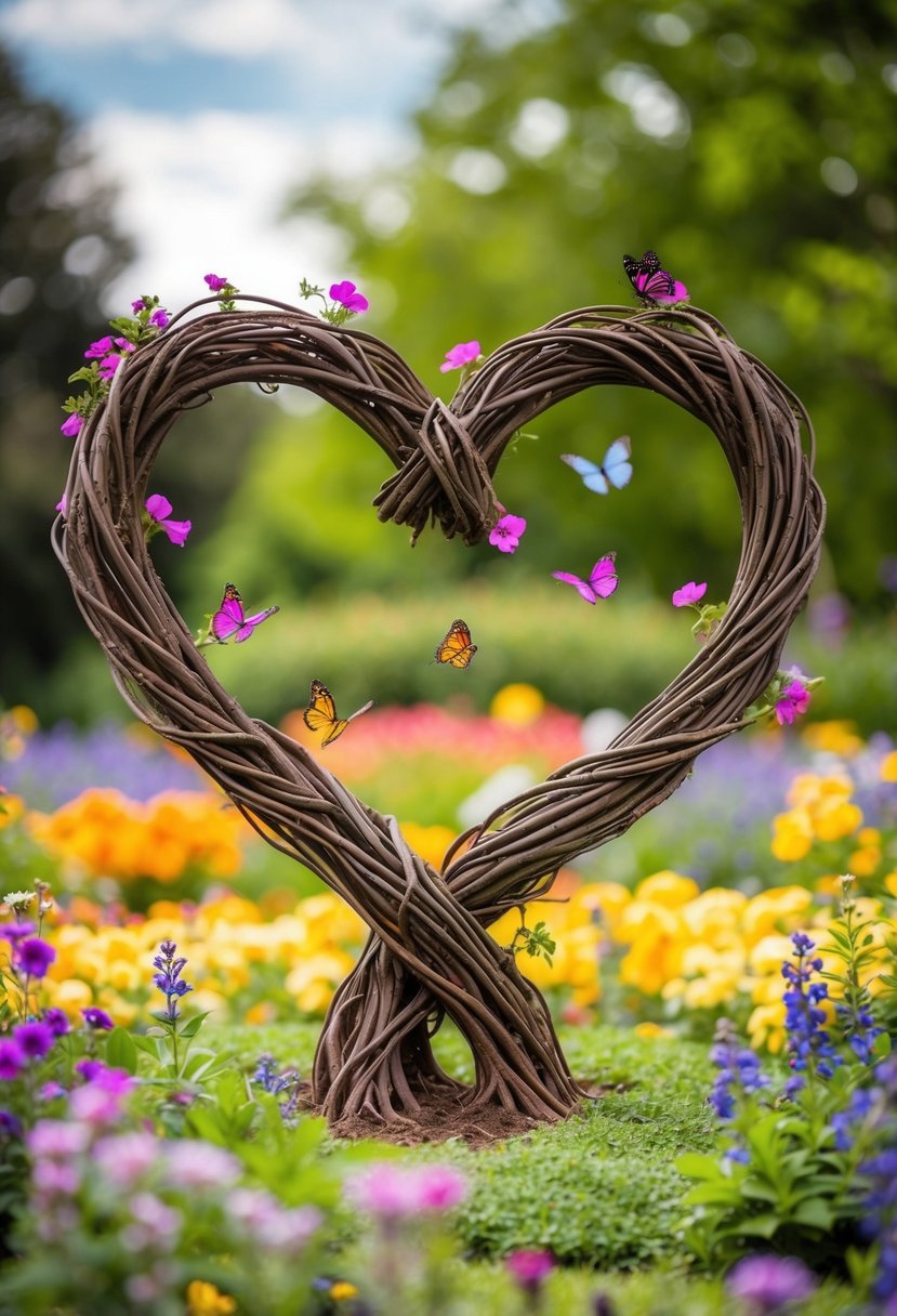 A heart-shaped tree with intertwined branches, surrounded by colorful flowers and butterflies in a peaceful garden