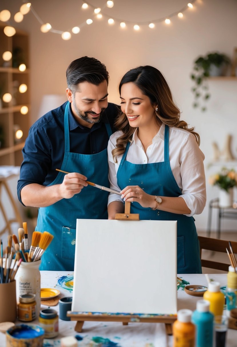 A couple paints together at a table, surrounded by art supplies and a canvas. The room is filled with warmth and love as they celebrate their 33rd wedding anniversary