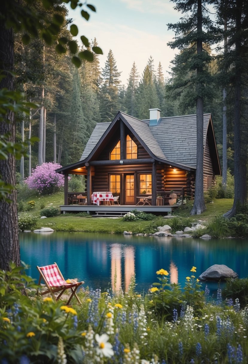 A cozy cabin nestled in a tranquil forest, surrounded by blooming wildflowers and a serene lake, with a picnic set up on the porch