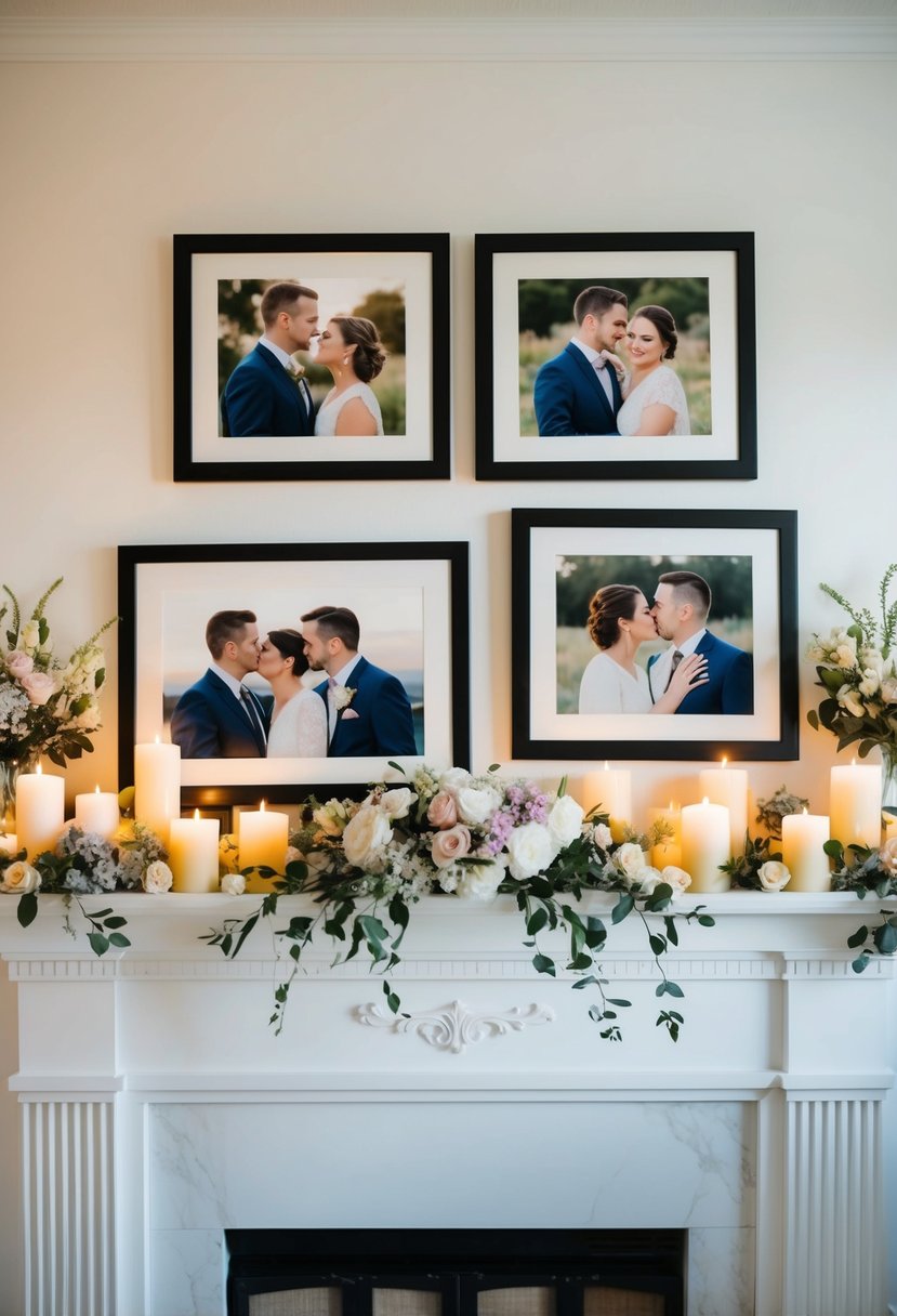 A mantel adorned with framed photos of a couple throughout the years, surrounded by candles and flowers