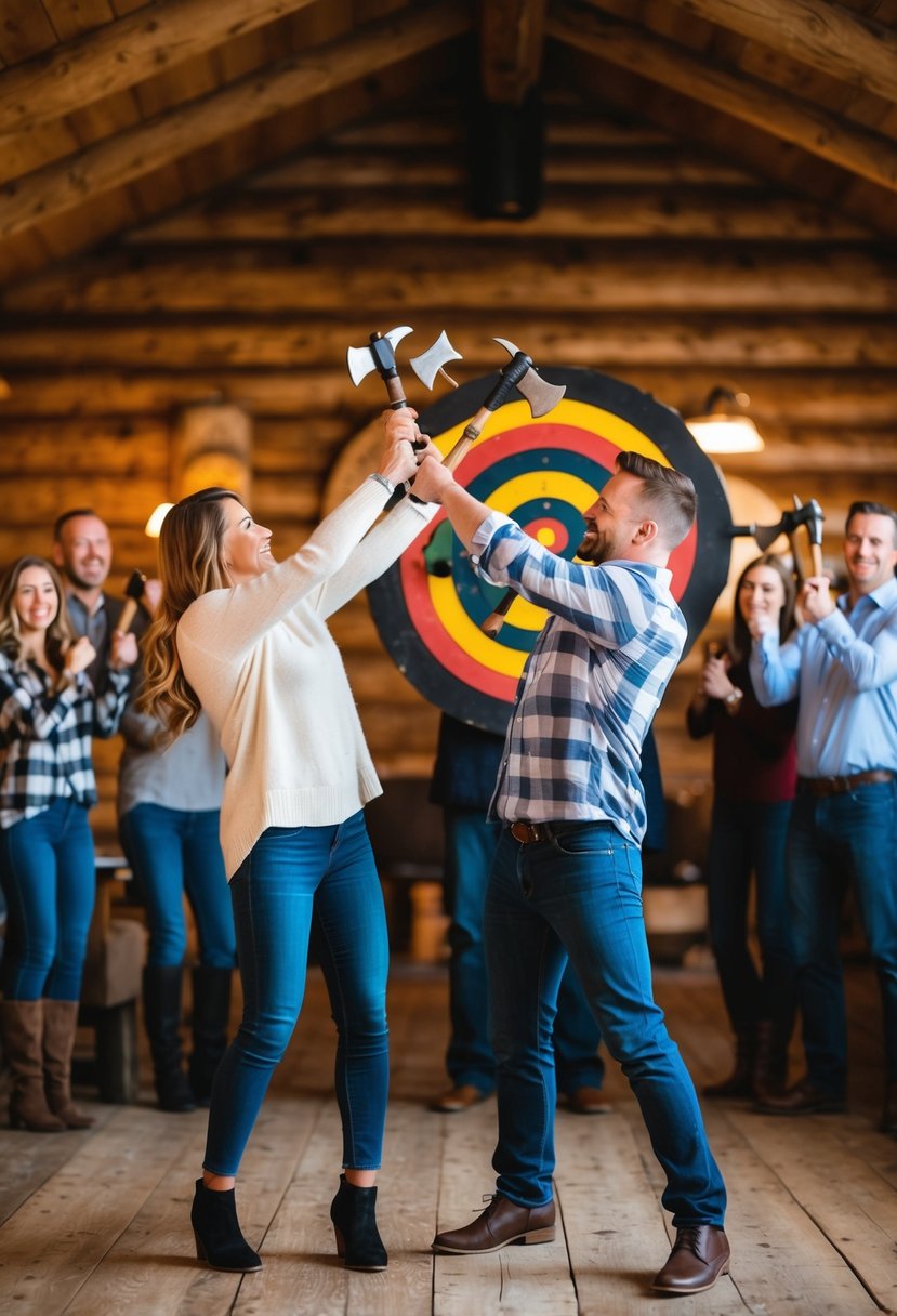 A couple hurls axes at a target in a rustic lodge, surrounded by cheering friends and family