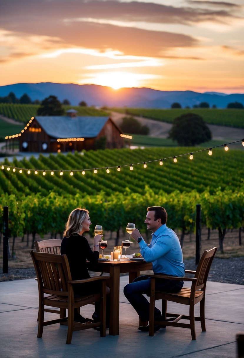 Sunset over rolling vineyards with a rustic winery in the background. A couple enjoys a tasting on a patio with string lights