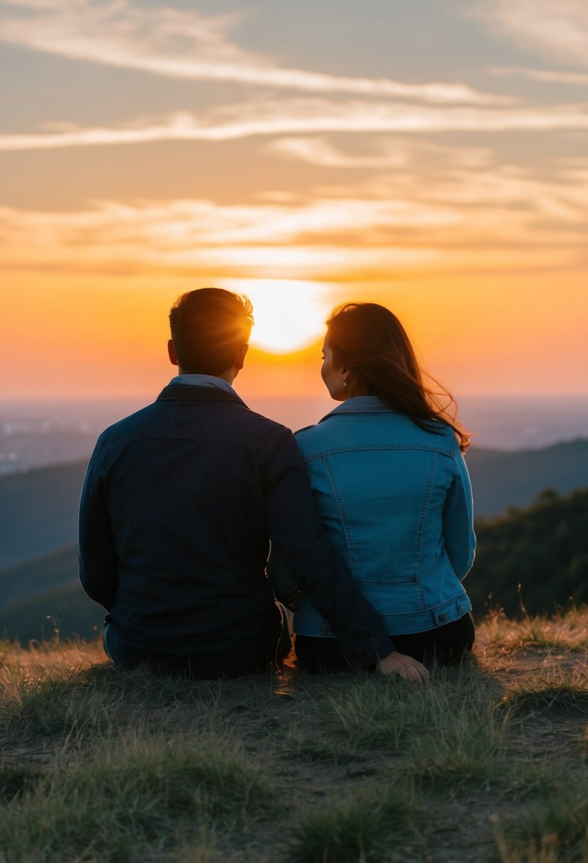 A couple sits side by side on a hill, watching the sun dip below the horizon, casting a warm glow over the landscape