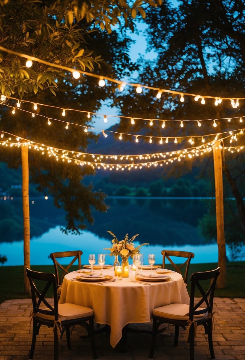 A romantic dinner under the stars with a table set for two, surrounded by fairy lights and candles, with a view of a serene lake