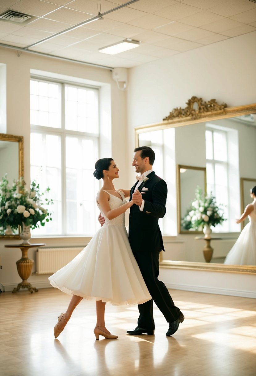 A couple gracefully waltzing in a spacious, sunlit dance studio, surrounded by mirrors and elegant decor