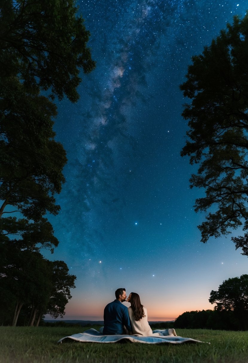 A couple sits on a blanket under a clear night sky, surrounded by trees. The stars twinkle above, creating a peaceful and romantic atmosphere