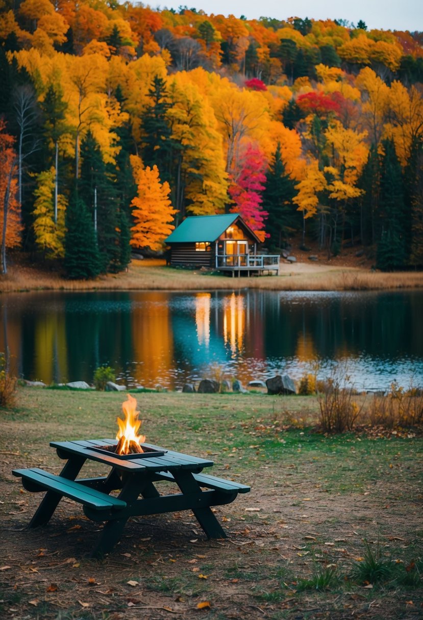 A cozy cabin nestled in a forest clearing, surrounded by colorful autumn foliage and a serene lake, with a picnic table set for two and a crackling fire pit