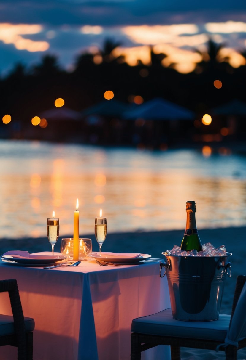 A candlelit dinner on a beach at sunset, with a table set for two and a bottle of champagne chilling in a bucket