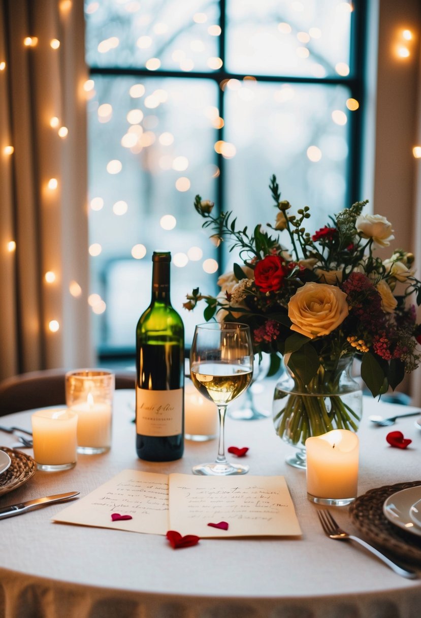 A cozy table set with wine, flowers, and two handwritten love letters, surrounded by soft candlelight on a 14th wedding anniversary