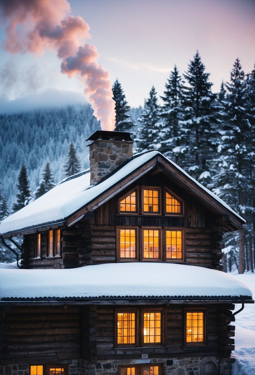 A rustic cabin nestled in a snowy forest, smoke curling from the chimney, with a warm glow emanating from the windows