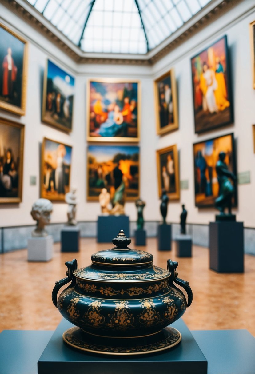 A museum or art gallery with colorful paintings, sculptures, and historical artifacts