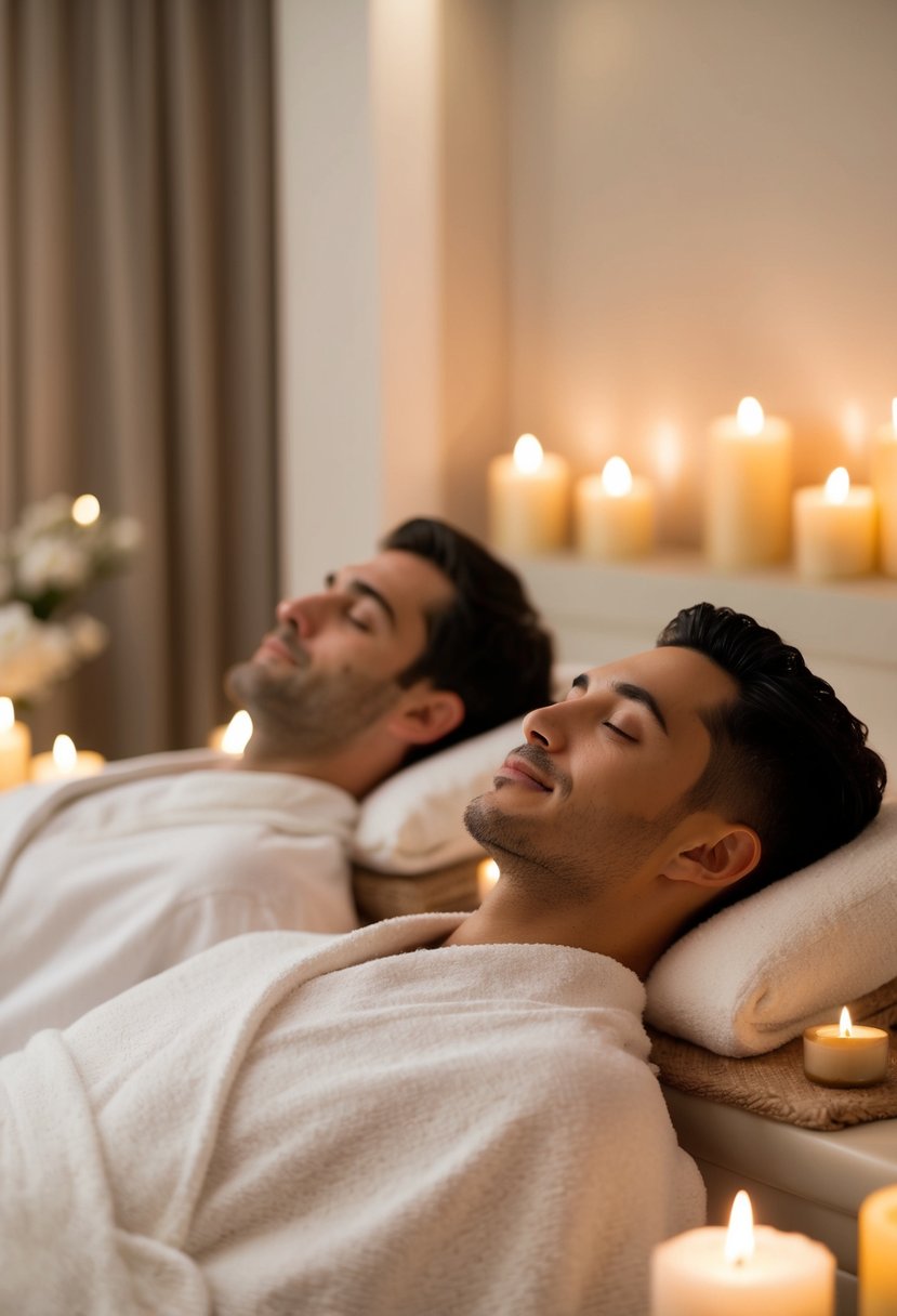 A couple relaxes in a serene spa, surrounded by candles and soft lighting, enjoying massages and facials together for their 21st wedding anniversary